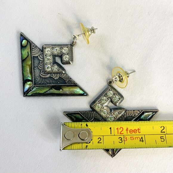 Vintage 80’s Richard NURI Pewter Earrings w/ Abalone Inlay Art Deco Style - Picture 4 of 7
